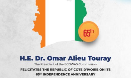 ECOWAS President Dr. Omar Alieu Touray Extends Warm Felicitations to Cote D’Ivoire on Independence Anniversary.