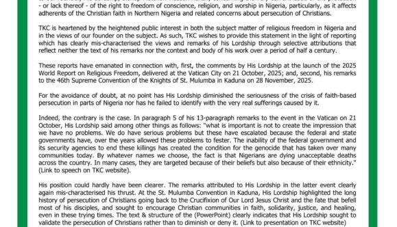 Th Kukah Center Refutes Misleading Reports, Clarifies His Lordship Bishop, Matthew Hassan Kukah’s Stand.